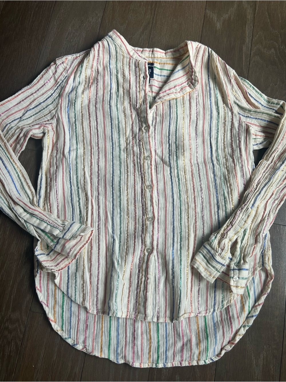 GAP Crinkle Gauze Blouse Cream with Pink, Green, Blue and Yellow Stripes size M